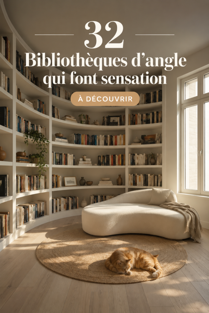 Une belle étagère d'angle en bois dans un salon moderne, ajoutant fonctionnalité et style.
