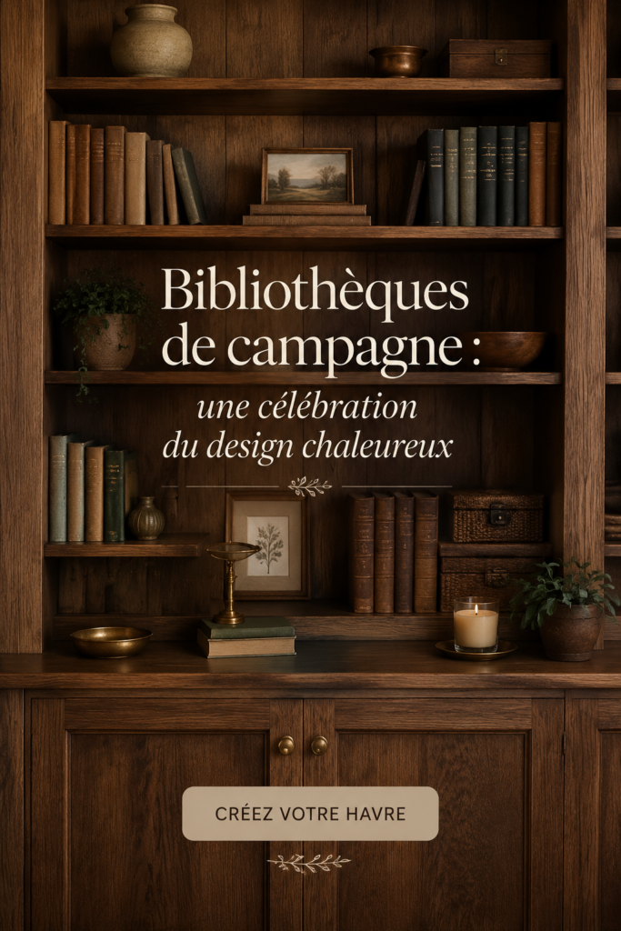 Étagères cottage en bois avec des livres et des décorations confortables