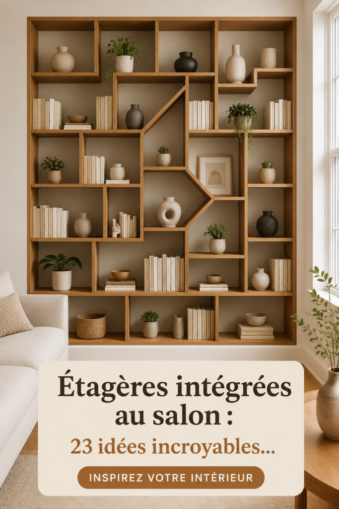 Salon avec des étagères intégrées au design moderne et pratique.