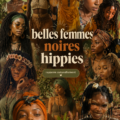 Femme noire au style hippie portant des vêtements colorés et accessoires bohémiens.