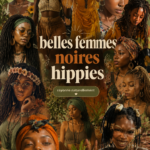 Femme noire au style hippie portant des vêtements colorés et accessoires bohémiens.
