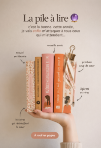 Femme lisant un livre avec une tasse de thé à la main, entourée de livres empilés.