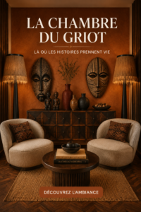 Un griot portant un costume traditionnel racontant une histoire en Afrique.