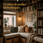 Bibliothèque moderne intégrée dans un salon chaleureux avec des livres et une touche déco.