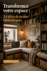 Bibliothèque moderne intégrée dans un salon chaleureux avec des livres et une touche déco.