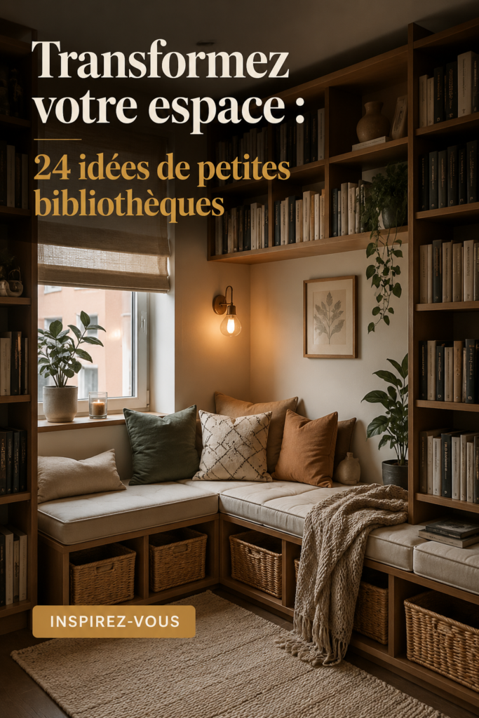 Bibliothèque moderne intégrée dans un salon chaleureux avec des livres et une touche déco.