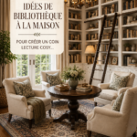 Une belle bibliothèque cosy avec des étagères en bois, des plantes et un fauteuil confortable pour lire.