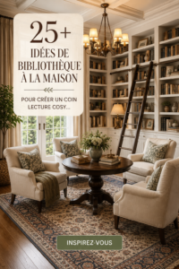 Une belle bibliothèque cosy avec des étagères en bois, des plantes et un fauteuil confortable pour lire.