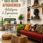 Décoration intérieure afro-artistique avec des tissus colorés et des sculptures.