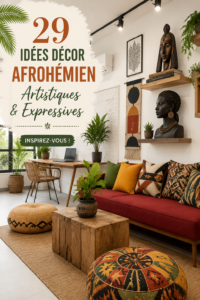 Décoration intérieure afro-artistique avec des tissus colorés et des sculptures.