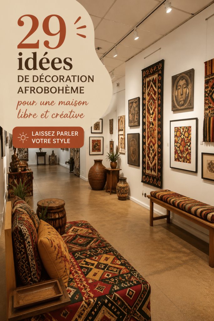 Un intérieur cosy avec des éléments de décoration afro-bohème, créant une atmosphère chaleureuse et accueillante.
