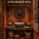 Une salle de séjour décorée avec des éléments afro-hématiques, mélange de tissus colorés et de motifs culturels.