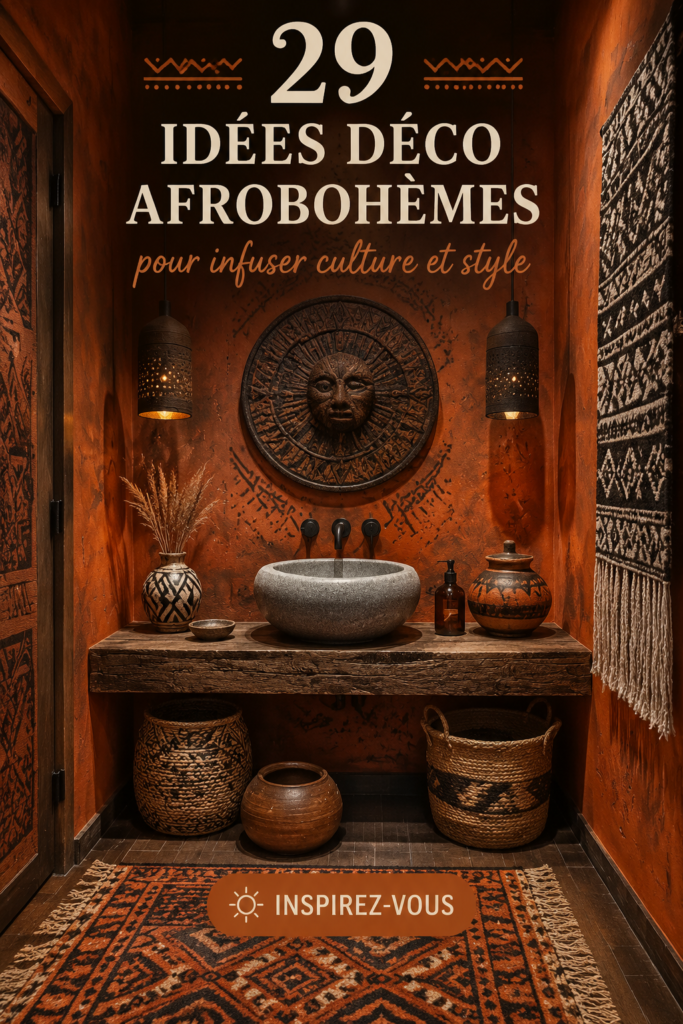 Une salle de séjour décorée avec des éléments afro-hématiques, mélange de tissus colorés et de motifs culturels.