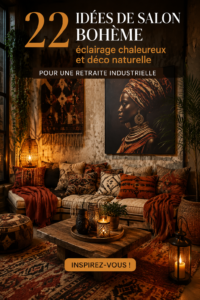Salon boho chaleureux avec éclairage doux et déco naturelle