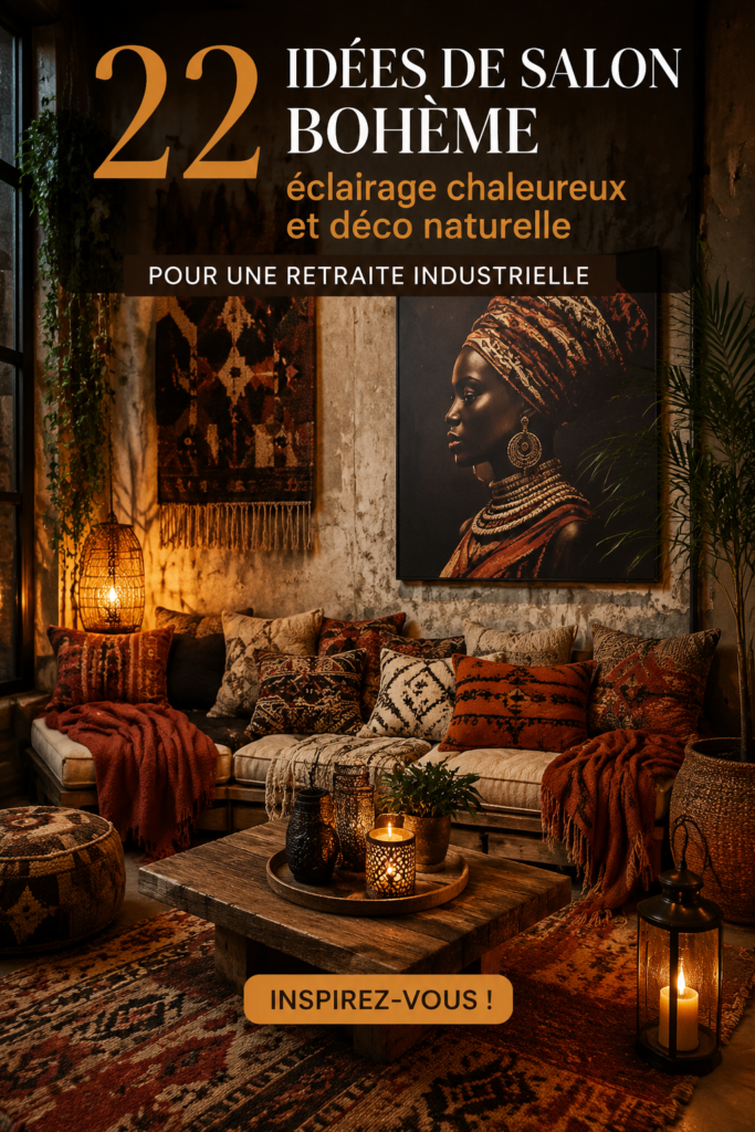 Salon boho chaleureux avec éclairage doux et déco naturelle