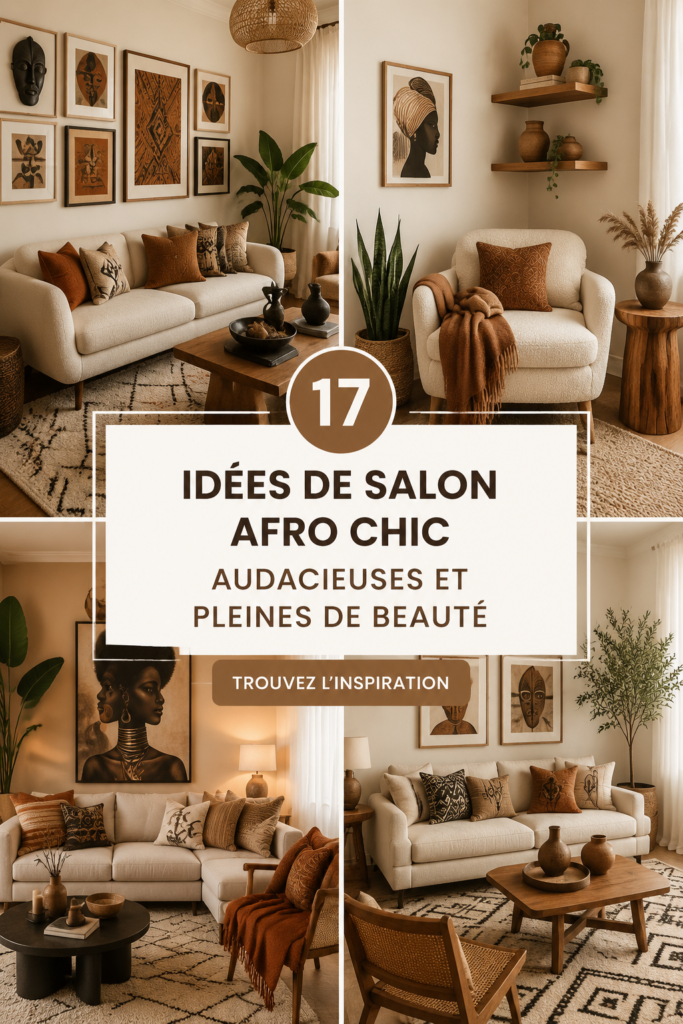 Un salon Afro Chic avec des couleurs vives et des motifs inspirants, créant une atmosphère chaleureuse.