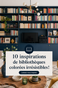 Un salon avec une bibliothèque colorée et chaleureuse, créant un espace accueillant.