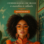 Femme avec cheveux crépus portant une blouse bohème chic orange à volants.