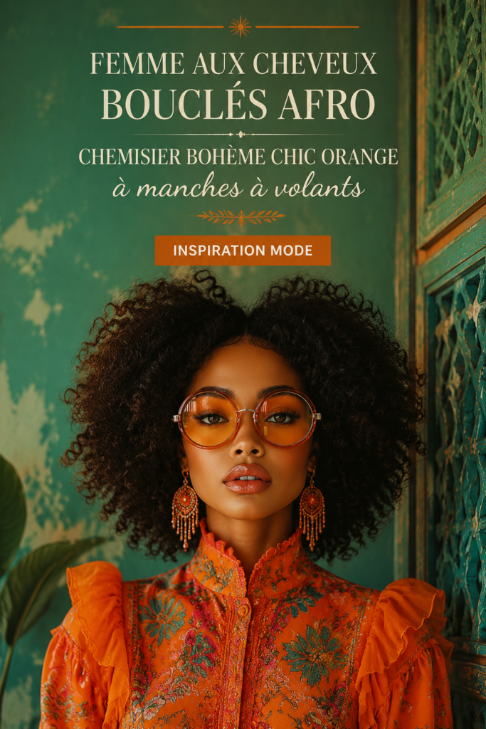 Femme avec cheveux crépus portant une blouse bohème chic orange à volants.
