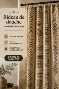 Un rideau de douche aux motifs africains beige et noir dans une salle de bain lumineuse.