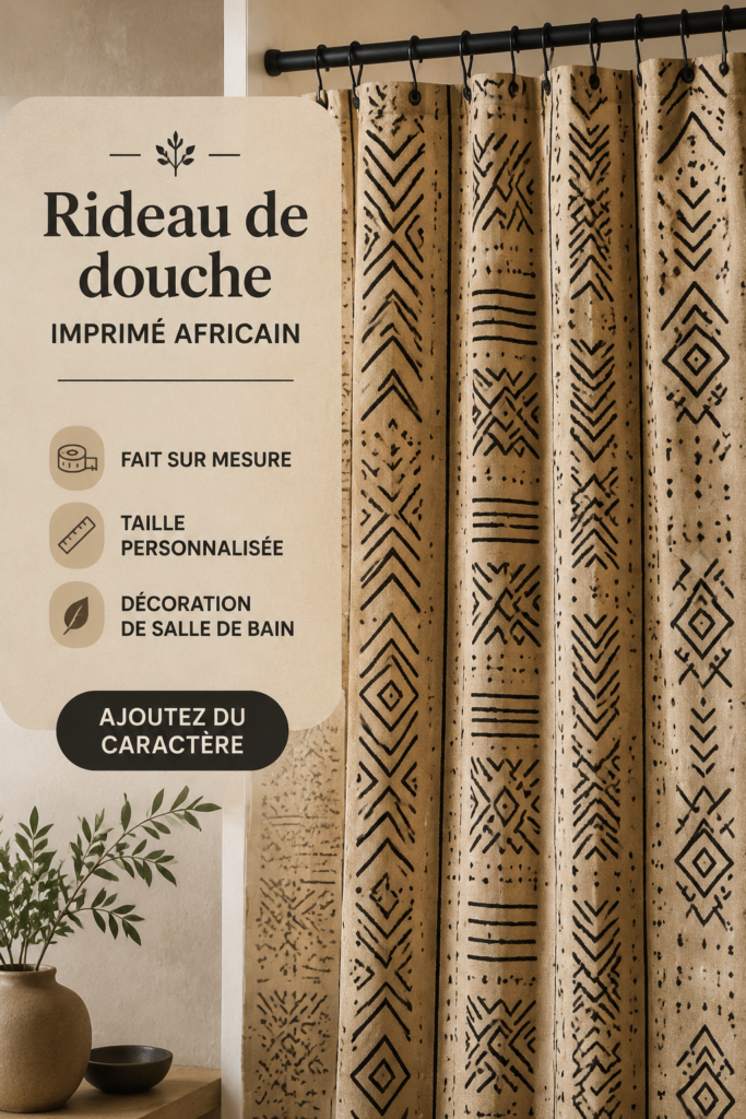 Un rideau de douche aux motifs africains beige et noir dans une salle de bain lumineuse.