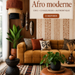 Un salon afro moderne avec des couleurs chaudes et des meubles en bois.