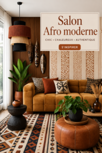 Un salon afro moderne avec des couleurs chaudes et des meubles en bois.