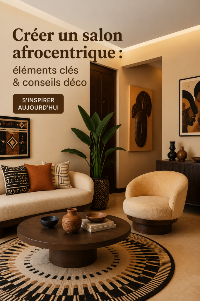 Un salon afrocentrique chaleureux avec des textiles colorés et des œuvres d'art africaines.