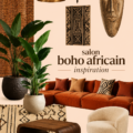 Salon boho africain chaleureux avec des éléments décoratifs authentiques