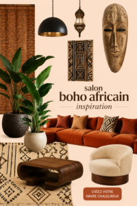 Salon boho africain chaleureux avec des éléments décoratifs authentiques