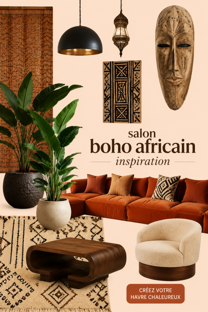 Salon boho africain chaleureux avec des éléments décoratifs authentiques