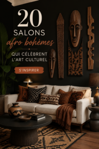 Salon Afro-bohème décoré avec des œuvres d'art culturel et des textiles colorés.