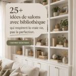 Salon chaleureux avec une bibliothèque intégrée, décoré avec soin.