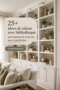 Salon chaleureux avec une bibliothèque intégrée, décoré avec soin.