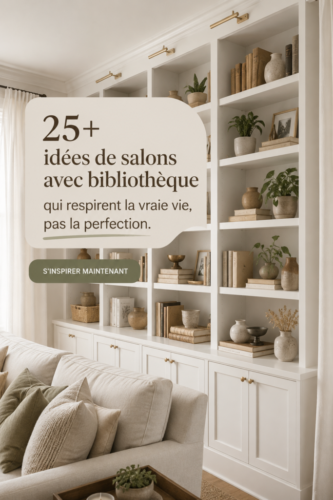 Salon chaleureux avec une bibliothèque intégrée, décoré avec soin.