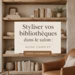 Étagères stylisées dans un salon moderne avec des livres et des objets décoratifs.