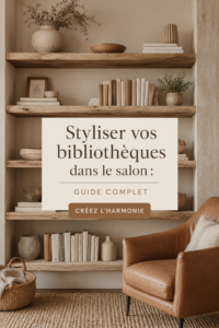 Étagères stylisées dans un salon moderne avec des livres et des objets décoratifs.