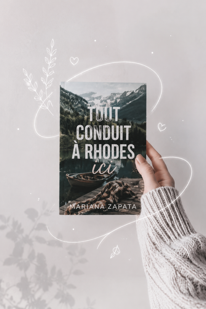 Couverture du livre 'All Rhodes Lead Here' de Mariana Zapata, représentant une scène romantique en Grèce.