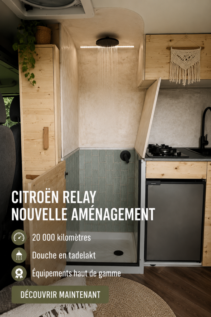 Aménagement intérieur chaleureux et pratique d'un Citroën Relay pour les voyages.