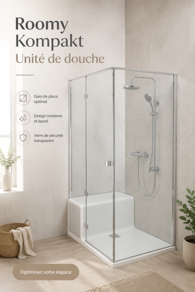 Douche compacte à la fois pratique et élégante aménagée dans une salle de bain moderne.