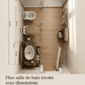 Une illustration d'une salle de bain étroite avec aménagement moderne et fonctionnalité.