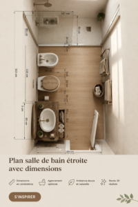 Une illustration d'une salle de bain étroite avec aménagement moderne et fonctionnalité.
