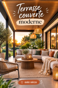 Exemple de terrasse couverte moderne avec mobilier stylé et végétation