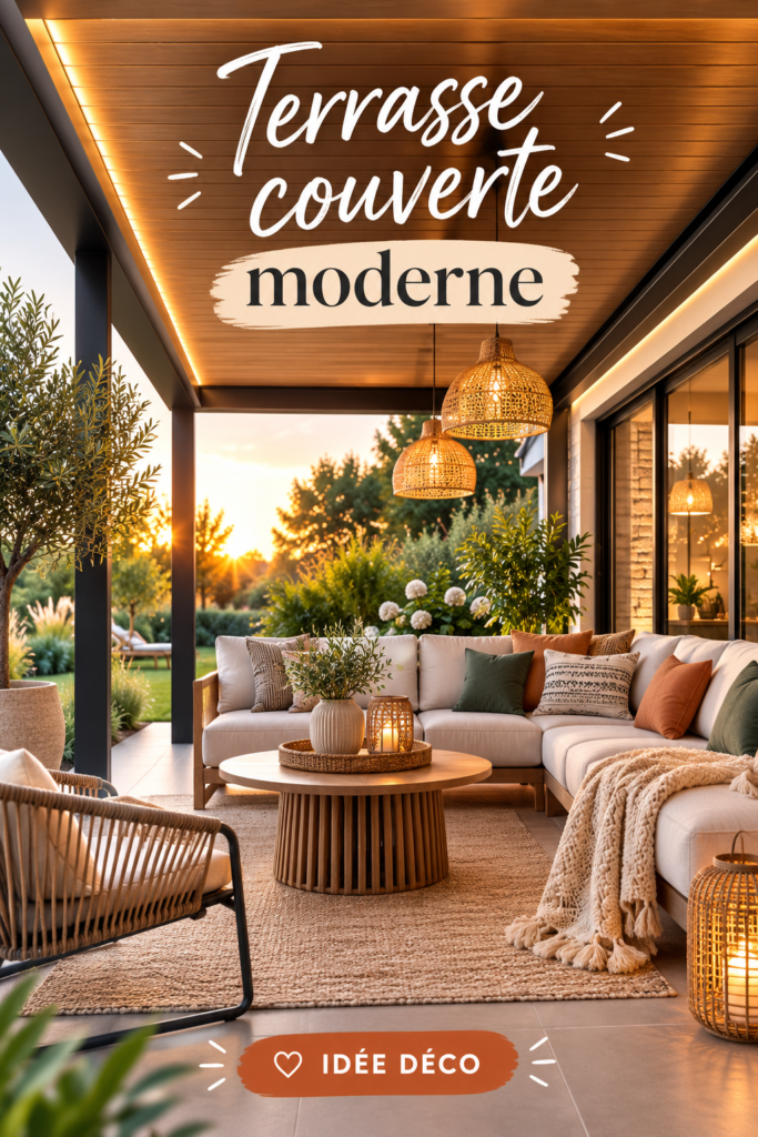Exemple de terrasse couverte moderne avec mobilier stylé et végétation