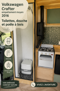 Aménagement intérieur d'un VW Crafter avec douche et toilettes.