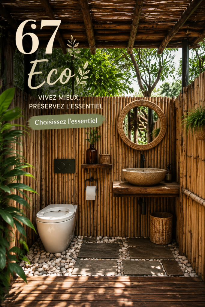 Salle de bain moderne avec des éléments écoresponsables et une attitude durable.