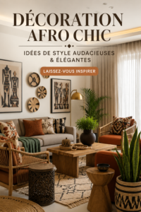 Un salon avec une décoration afro chic comprenant des tissus aux motifs colorés et des accessoires élégants.