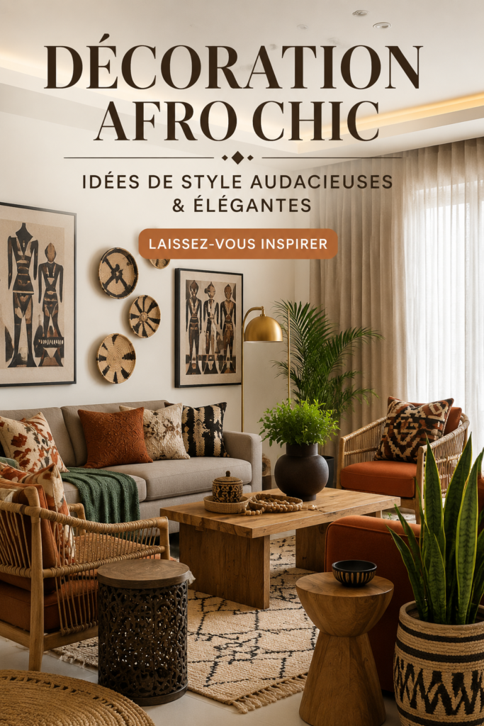 Un salon avec une décoration afro chic comprenant des tissus aux motifs colorés et des accessoires élégants.