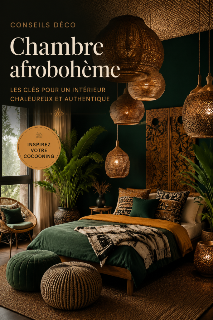 Chambre décorée dans un style afro-bohème avec des textiles colorés et des plantes