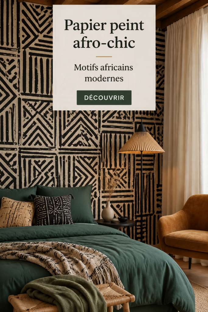 Chambre moderne décorée avec du papier peint afro, créant une ambiance chaleureuse.
